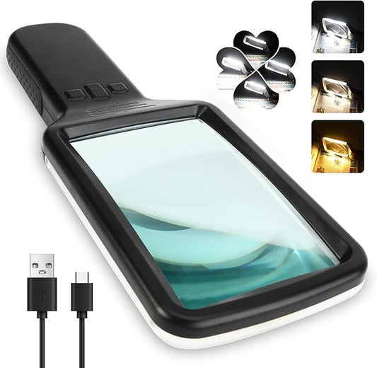 15X Rechargeable Magnifying Glass with Light, Real Glass Page Lens, 3 Color Modes Stepless Dimmable, Lighted Handheld Magnifier for Reading Small Prints, Seniors with Macular Degeneration & Low Vision