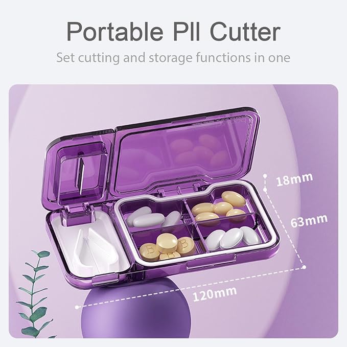 Pill Cutter for Cutting Multiple, 1/2 Pill Splitter for Large, Small and Tiny with Store, Portable Pills Cutter,Storage Organizer, Accurate Centering Alignment Devic (Purple)