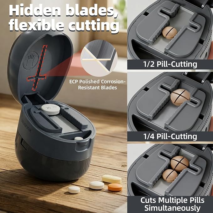 Pill Cutter Splitter with Storage Box, Adjustable Vertical Press Pill Splitter for Small/Tiny Pills Vitamins Tablets, 1/2 & 1/4 Precise Cutting, Hidden Sharp Blade, Multi-Pill Cutting Design (Black)