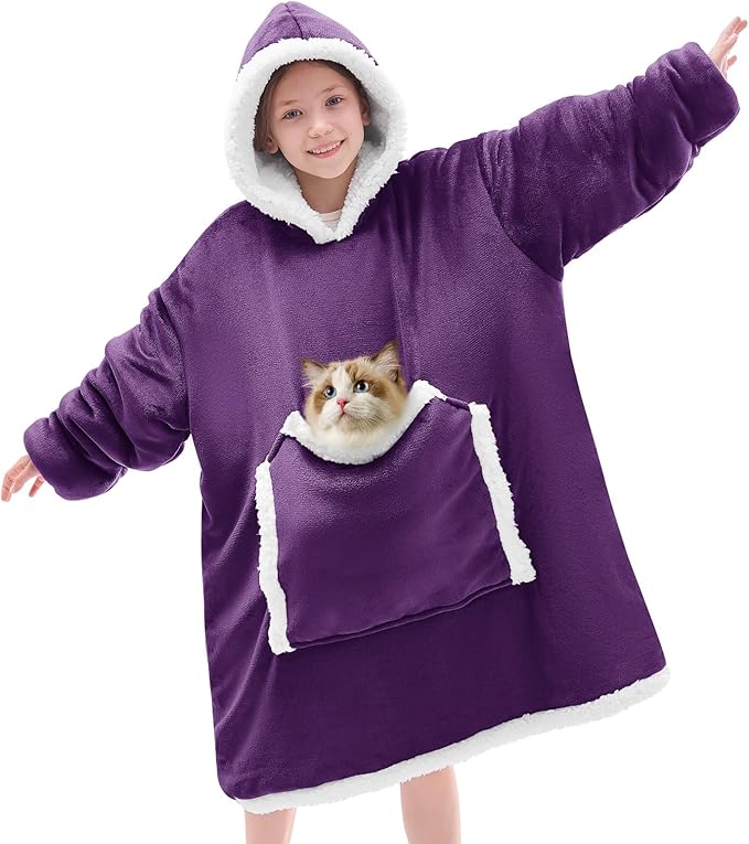 JOYWOO Purple Kids Wearable Blanket Hoodie, Oversized Cat lovers Hoodie Blanket for kids & Teens,Birthday Gifts for Girl Boys,Cozy Fuzzy Sherpa Fleece Blanket Giant Pocket Winter Gifts,Dark Purple
