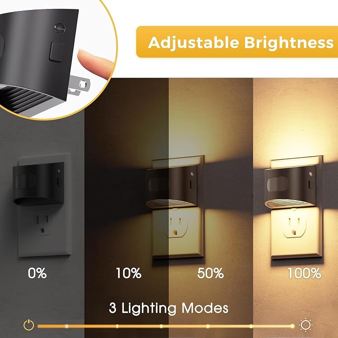 L LOHAS LED Motion Sensor Night Light, Night Lights Plug into Wall, 2 Pack | Nightlight with Dusk to Dawn & Motion Detection Sensor, 30-100Lm Adjustable Brightness, 3000K Warm White, Black Housing