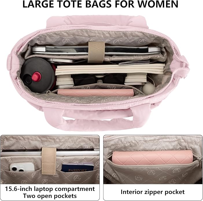 Puffer Tote Bag for Women Quilted Nurse Bag Lightweight Work Bag for Teacher Travel Handbag with Multiple Pockets