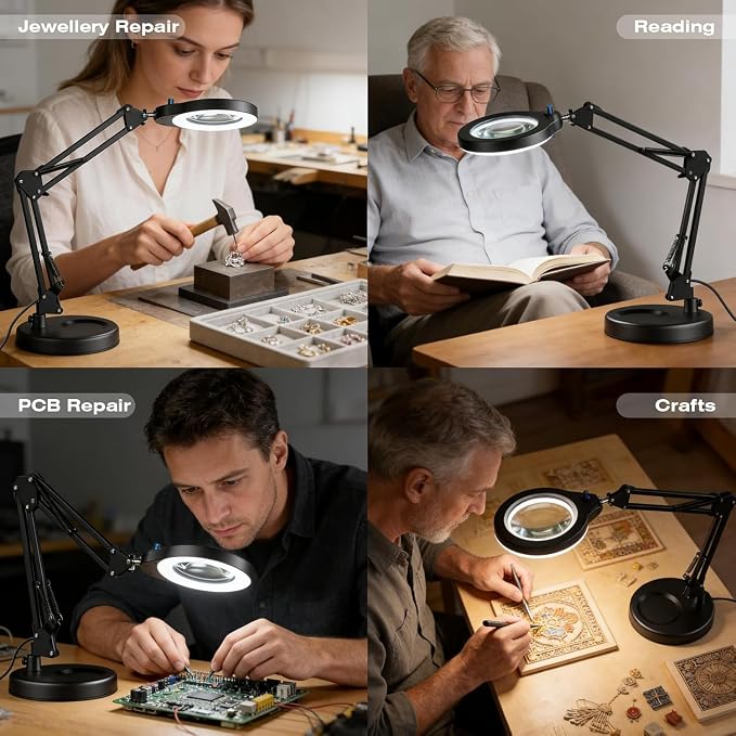 10X Magnifying Glass with Light and Stand, 5 Color Modes Stepless Dimmable LED Magnifier, Hands Free Desk Lamp with Clamp for Close Work Craft Reading Repair