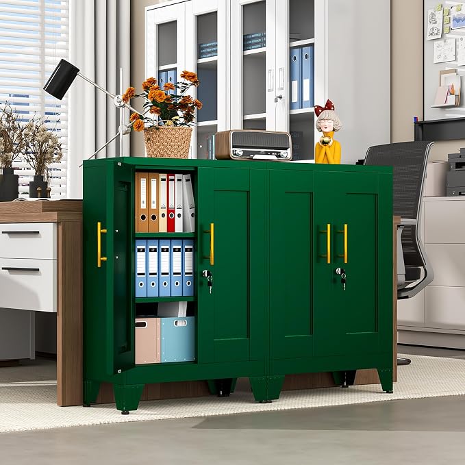 pozdeg 35.43" Lockable Metal Storage Cabinet, Steel Locker File Cabinet with 2 Doors ＆ 2 Adjustable Shelves, Multi-Purpose Organizer for Home, Office File Storage & Garage Locker (Green)