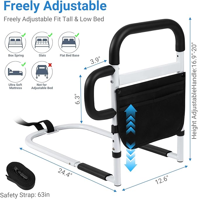 Klvied Bed Rails for Elderly Adults Safety, Adjustable Bed Side Rails with Side Handle, Bed Cane with Motion Light and Storage Bag, Fit King, Queen, Full, Twin,Medium