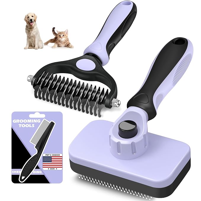 Professional 3PCS Self Cleaning Slicker Brush & Pet Grooming Rake & Flea Comb for Dogs,Cats and Horses | Double-Sided Dematting Comb & Skin Friendly Deshedding Grooming Tool (Light Purple)
