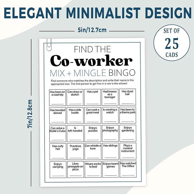 Team Building Games for Work Adults – Find Someone Who Bingo Game, 25 Unique Human Bingo Cards 5x7 Inch, Ice Breaker & Office Games for Parties, Meetings & Events - A02