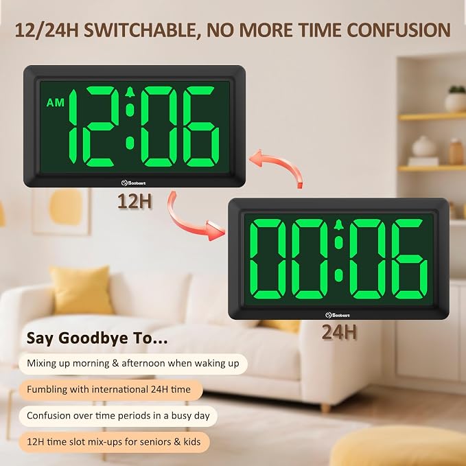 Soobest 9.5 Inch Large LED Digital Wall Clock Battery Operated, Auto & Manual Dimmer Display, Easy to Read 3.2'' Big Digit with Alarm for Seniors, Modern Decor for Living Room, Bedroom, Office (Green)
