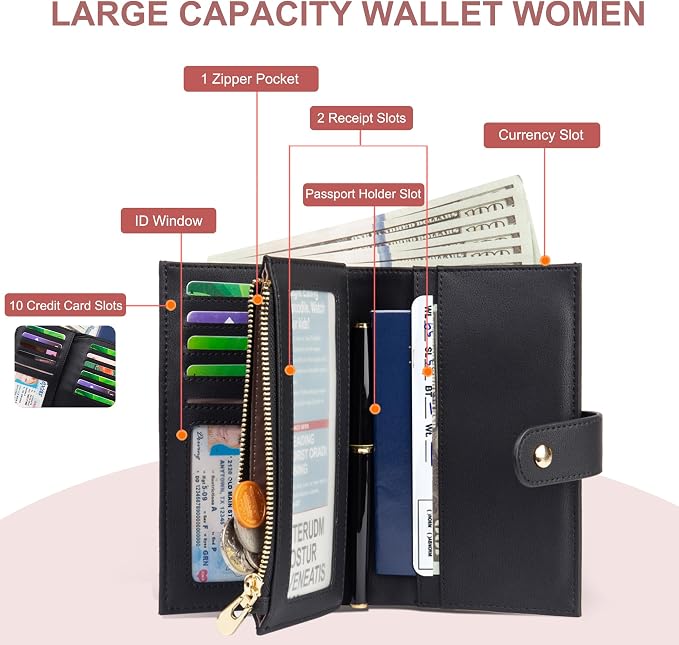 yiijay Wallet Women RFID Blocking Leather Trifold Clutch Wallet Credit Card Holder Ladies Travel Wallet Purse with Passport/Pen Holder
