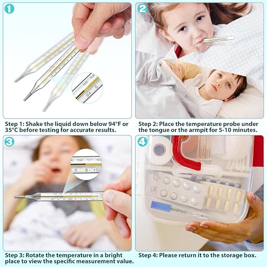 MAGICLULU 12Pcs Glass Oral Temperature for Adults Fever, Dual Scale ℃ & ℉ Traditional Underarm Body Temperature with Case, Precise Measurement for Kids Babies Elderly Home Family Clinics