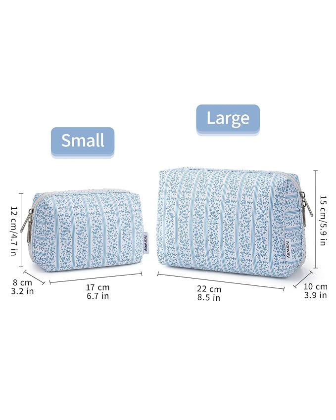 Narwey Cute Floral Makeup Bag Travel Cosmetic Bag Organizer Toiletry Bag Make Up Bags with Compartments for Women Girls (Blue Flower Buds, Large)