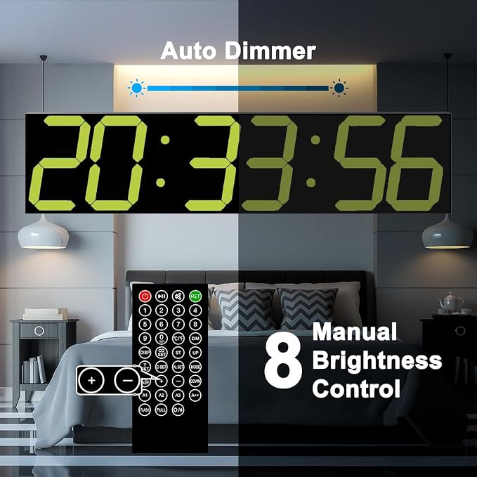 CHKOSDA Digital Wall Clock, Oversize Digital Clock with Auto Dimmer, Huge Countdown Timer with Remote Control, 27" Wide Led Display, 6 Digits, Wall Mount, Date and Temperature（Yellow）