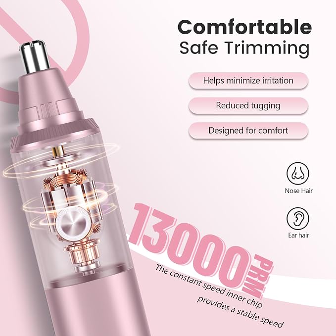Ear and Nose Hair Trimmer for Men and Women, Painless USB Rechargeable Electric Facial & Eyebrow Hair Remover with LED Display, Dual-Edge Blades for Smooth,13000 RPM Motor IPX7 Waterproof (Rose Gold)