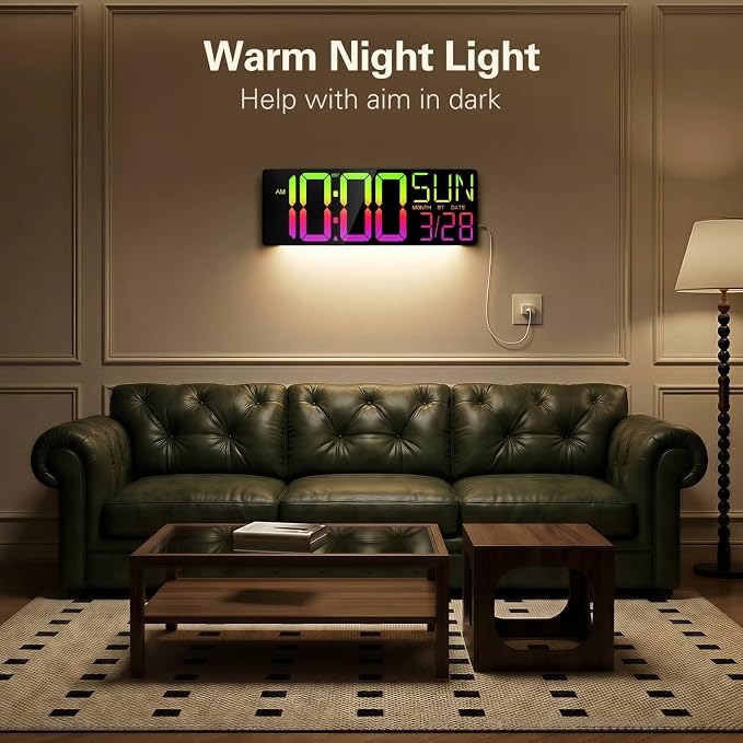 JALL 18" Large Digital Wall Clock with RGB Lights & Remote, Digital Clock with Bluetooth Sync & DST, Wall Clock with Temperature & Seconds Display, Clocks for Living Room, Seniors (Black)