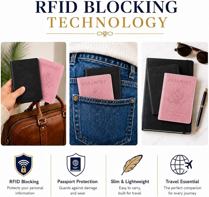 Ciana Passport Holder for Travel – PU Leather Passport Cover and Card Holder for Men & Women – Slim Passport Holder with Card Protector Slot, Travel Must Haves (Black & Pink)