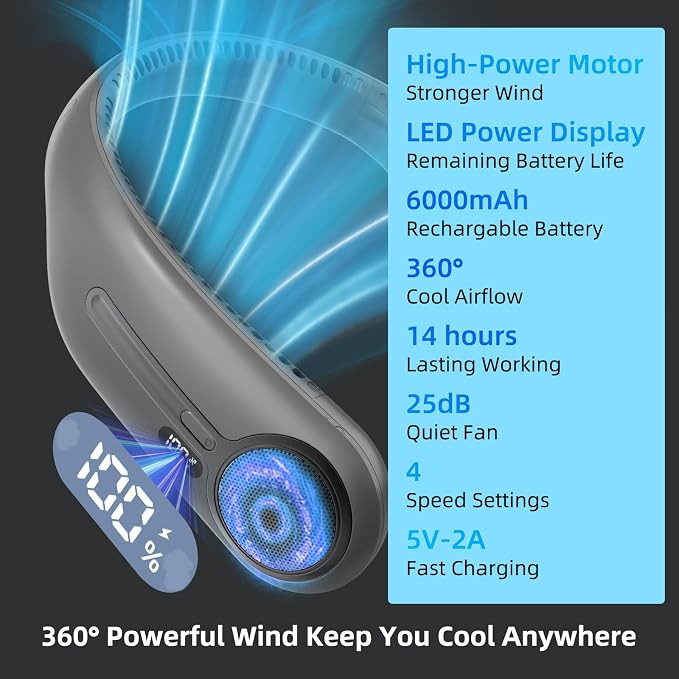 Portable Neck Fan, Personal Wearable Bladeless Fan, 6000mAh USB Rechargeable, 360° Airflow, LED Display, 4-Speeds, Hands Free Fan for Outdoor Indoor, Birthday Gifts for Men Women Dad Mom (Dark grey)