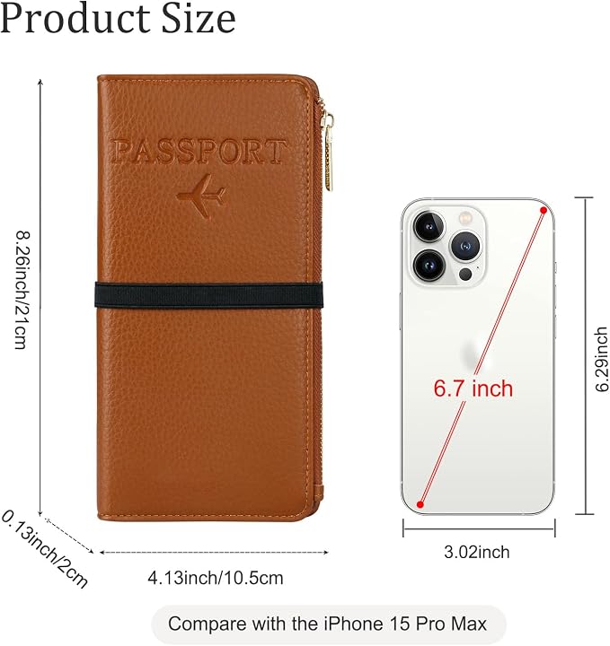 TIGARI Travel Wallet, Leather Passport Holder for Travel, Rfid Blocking Passport Wallet For Women, Zipper Pocket Card Slots Purses, Travel Document Organizer Waterproof Travel Accessories(Brown)