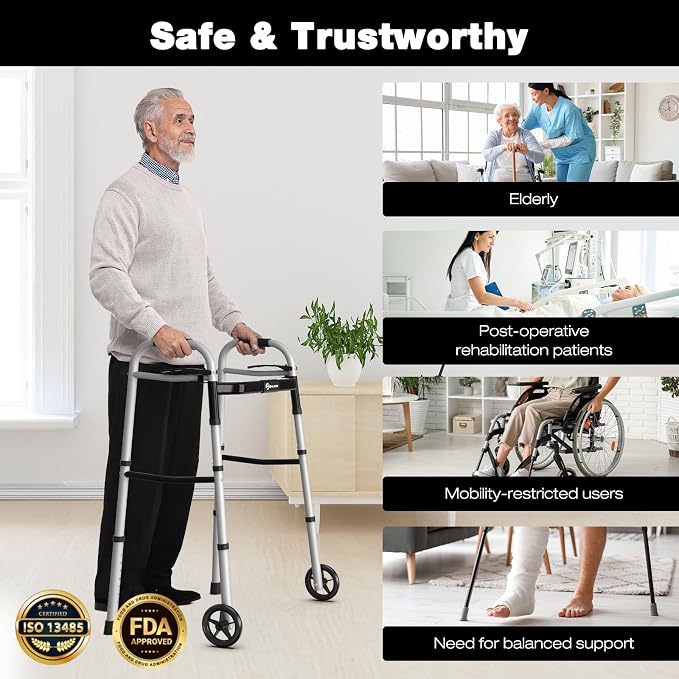 Whlicks Narrow Folding Walkers for Seniors,Aluminum Lightweight Walkers with Wheels, Adjustable Width and Height Front Wheel Walker for Elderly and Disabled, Supports up to 350 lbs