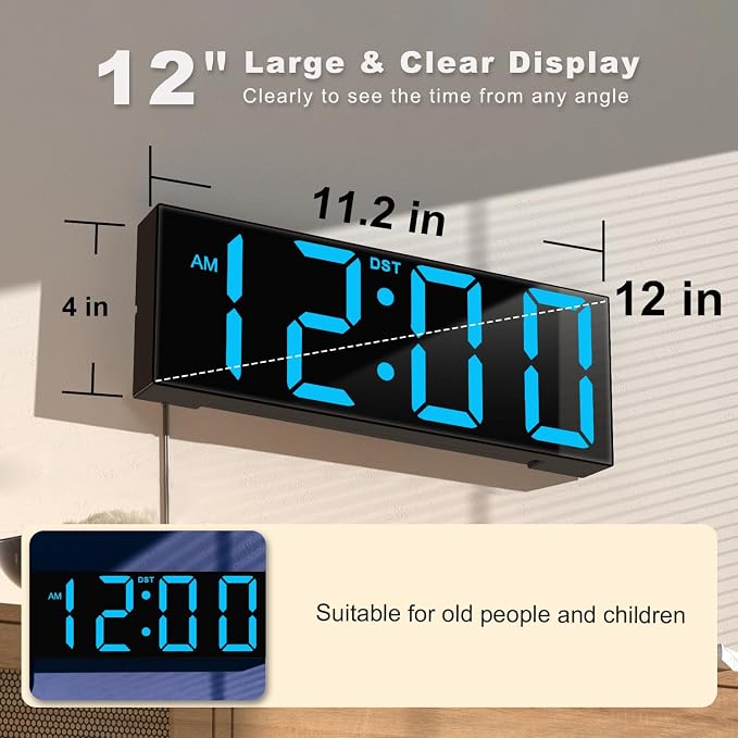 JALL 12" Large Digital Wall Clock, Big LED Number Dispaly, DST, Night Light for Classroom, Living Room, Bedroom, Mounted, Birthday Xmas Gift for Senior, Mem Womem Mom Dad, Blue