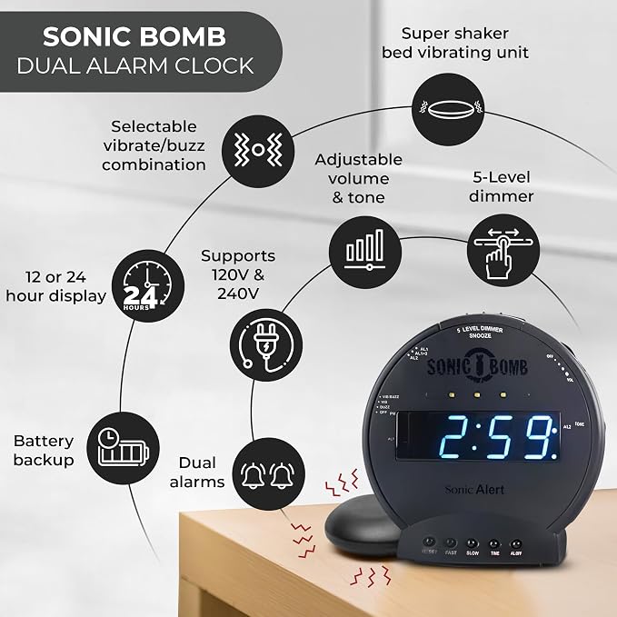 Sonic Alert Sonic Bomb Dual Alarm Clock with Bed Shaker, Black Vibrating Alarm Clock Heavy Sleepers, Battery Backup | Wake with a Shake