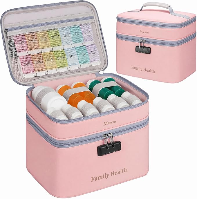 Mancro Lockable Medicine Bag, 2-Layer Pill Bottle Organizer Storage | Adjustable Dividers, Medication Travel Case for Pill, Vitamins & Supplements, Medicine Organizer for Dorm, Home Use and Trips