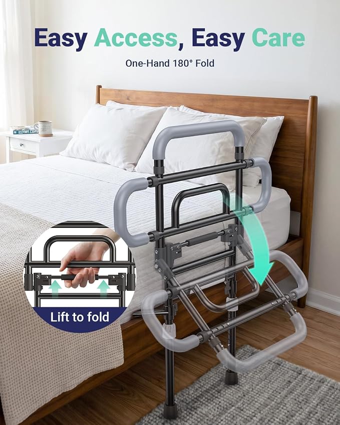 Bed Rails for Elderly Adults Safety, 180° Foldable Bed Rail with Adjustable Height & Width, 350lb Load, Extra-High Design, Wide Base, LED Light & Storage Pockets – Fits King/Queen/Full/Twin Beds