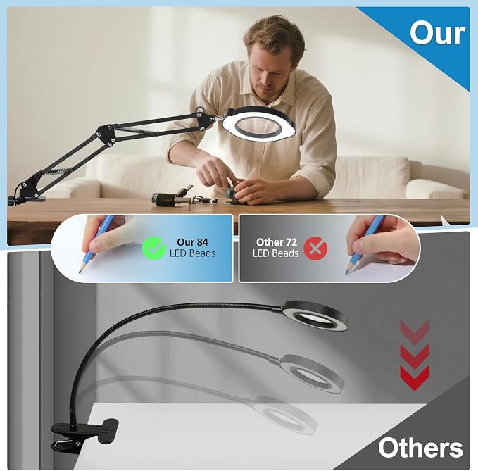 Upgrade 12X Magnifying Glass with Light, Real Glass Magnifying lamp, 5 Color Modes Stepless Dimmable, 84 LEDs, Magnifier with Light Hands Free for Close Work, Reading Craft Repair