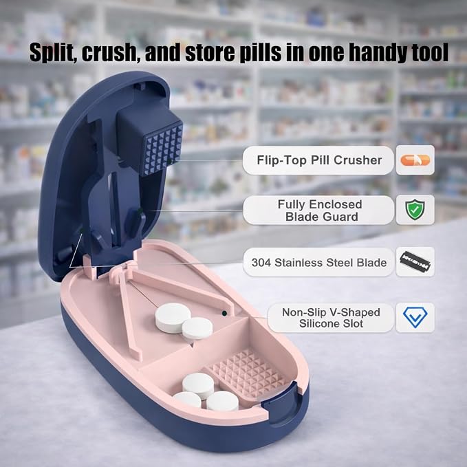 Portable Pill Cutter Splitter for Tiny Pills and Large Tablets, Easy Pill Press and Tablet Divider, Pill Organizer for Vitamins and Prescription Pills with Safety Blade Guard – Blue