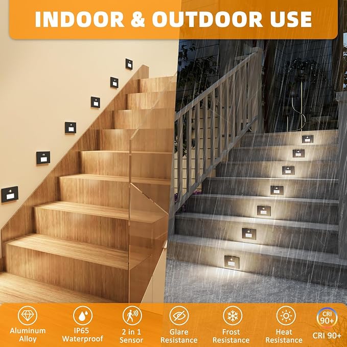8 Pack 3CCT 120V Motion Sensor Step Lights with Dimmer Switch, Black | LED Stair Lights Indoor Outdoor, 3000K/4000K/6000K, 0%-100% Dimmable, 5W 500LM, IP65 Waterproof, Hard Wired, Aluminum, ETL
