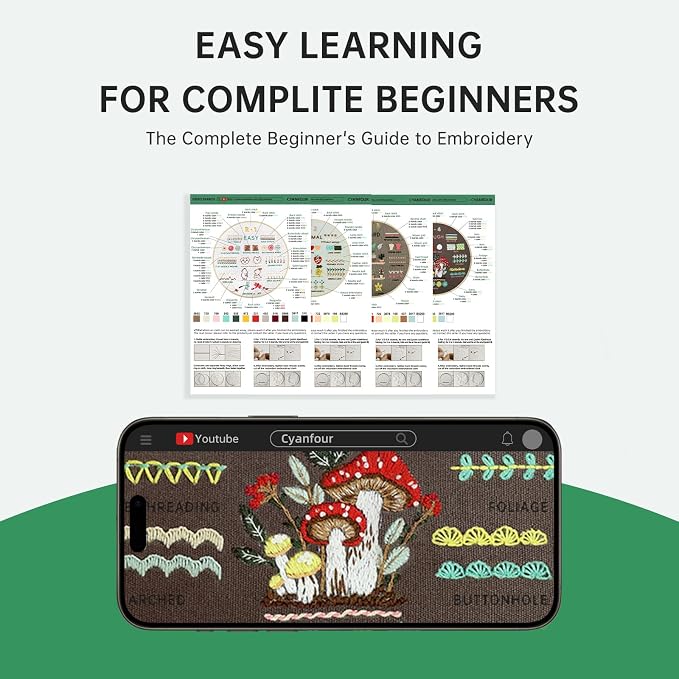 CYANFOUR Embroidery Kit for Beginners, 4 Stages to Learn 38 Stitches, with Step-By-Step Instructions and Clear Videos, Includes Multiple Accessories, Gift for Craft Lovers