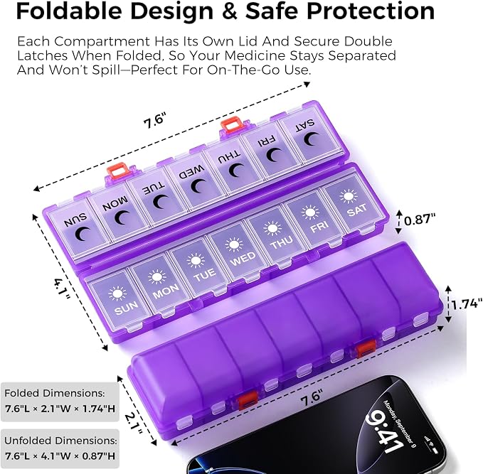 Foldable Pill Organizer Weekly 2 Times a Day, 7 Day Portable AM PM Travel Pill Case with Black&White Labels, Dual-Protection Daily Medicine Box, Large Pill Holder for Vitamin/Supplement-Clear Purple