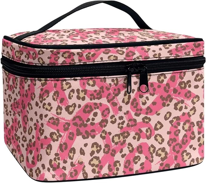 Breast Cancer Support Makeup Organizer Case, Pink Ribbon Toiletry Bag for Women, Leopard Print Travel Cosmetic Bag for Toiletries Essential