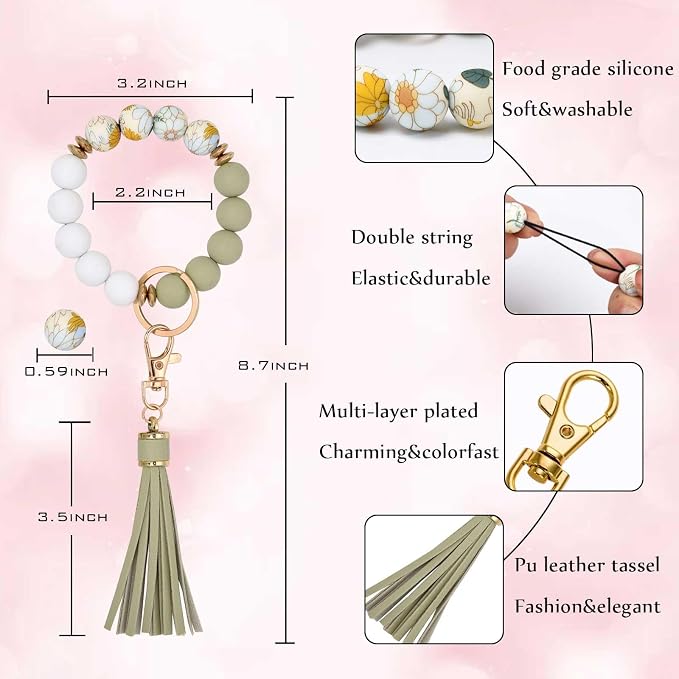 BAOSIWA Silicone Beaded Bracelet Keychain Wristlet Key Ring Bangle Chains for Women with Leather Tassel