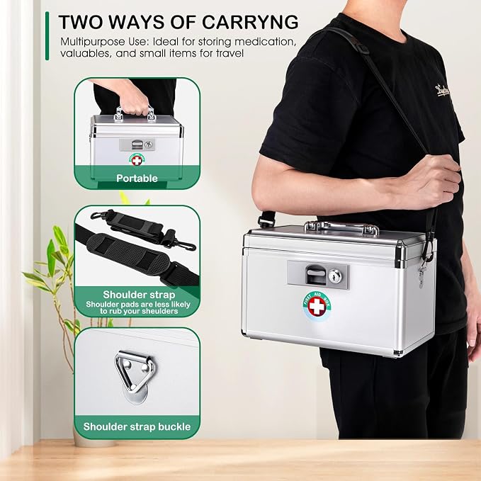 Medicine Lock Box with Key, 12.2" Aluminum First Aid Storage Case, Silver | Secure key lock box for medication. Features 1.25kg lightweight aluminum frame and 11.2" divided tray for home safety.
