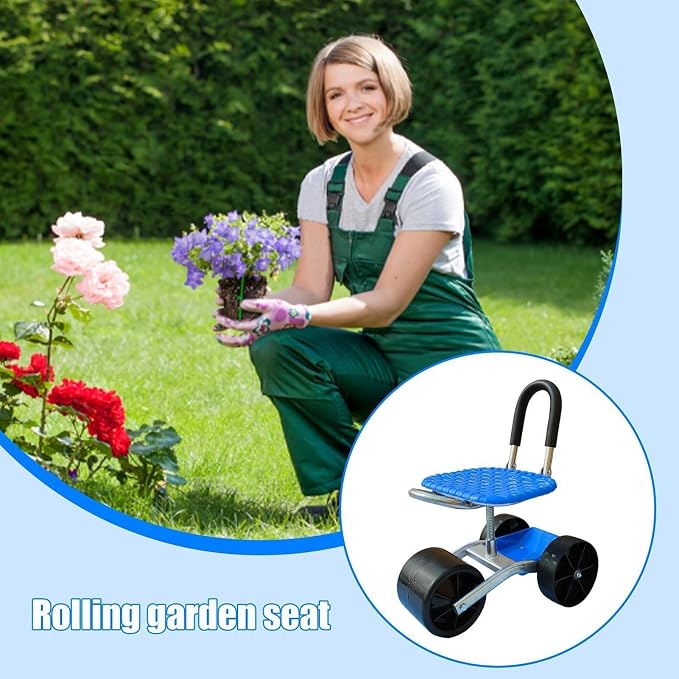 Garden Seat with Wheels, 360° Swivel Height Adjustable Rolling Garden Stool, Heavy Duty Gardening Seat with Foldable Backrest and Storage Basket, Garden Scooter for Yard and Patio Work