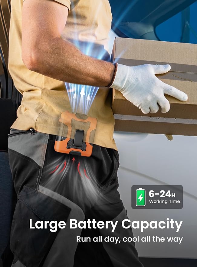 Koonie Waist Clip-on Shirt Fan, 100 Levels of Speeds, 24H Use Time, Orange | Cool Clip Fan Under Shirt Fan, Rechargeable Battery, Wearable Belt Personal Device for Outdoor Work, Camping, Travel
