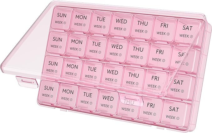 Lifewit Monthly Pill Organizer, 28 Day Pill Box, 4 Weeks One Month Vitamin Cases, Large Compartments Medicine Organizer for Fish Oils, Supplements, 28 Grids, Pink