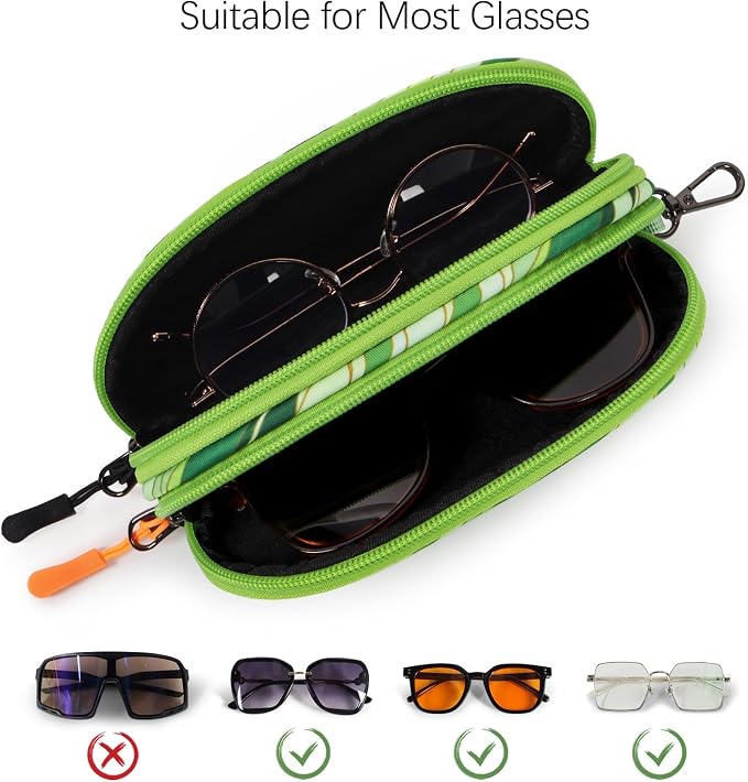 Double Eyeglasses Case Soft Portable Zipper Sunglasses Pouch with Keychain Clip for Men Women