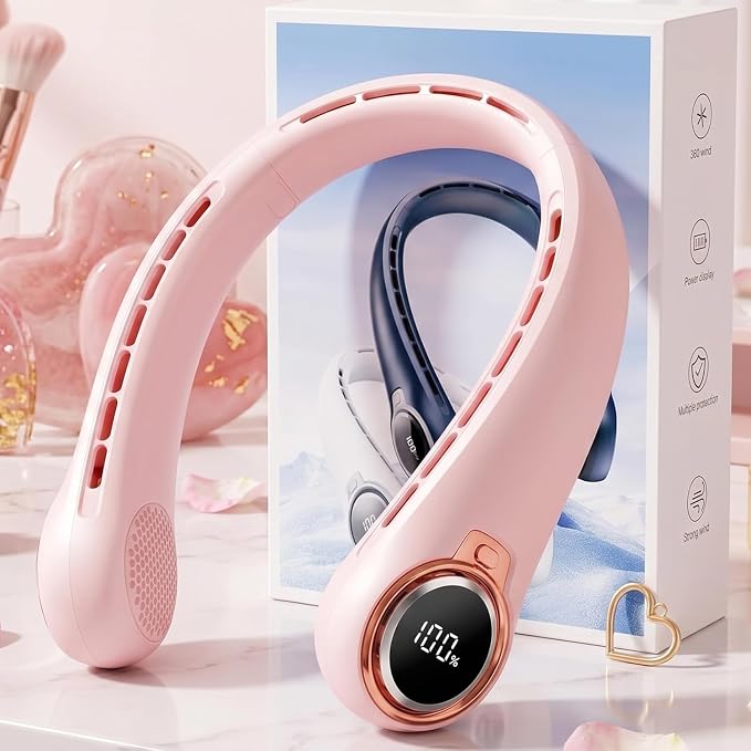 BNBZ Portable Neck Fan, 6000mAh Rechargeable Fan Blows Cold Air with LED Display, 4 Speeds, 20H Runtime, Quiet Wearable 360° Personal Cooling Fan for Outdoor Travel Work Gym,Fireplace Fans-Pink