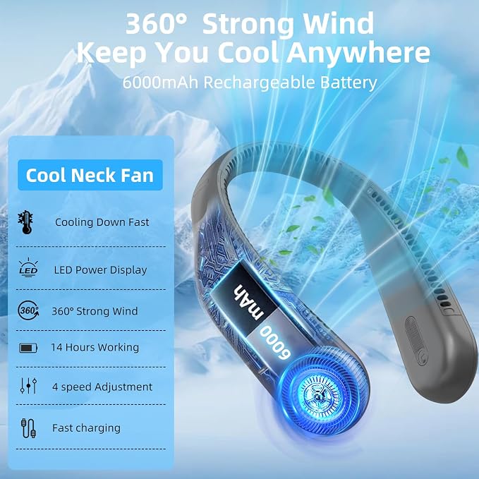 Portable Neck Fan, Personal Wearable Bladeless Fan, 6000mAh USB Rechargeable, 360° Airflow, LED Display, 4-Speeds, Hands Free Fan for Outdoor Indoor, Birthday Gifts for Men Women Dad Mom (Dark grey)