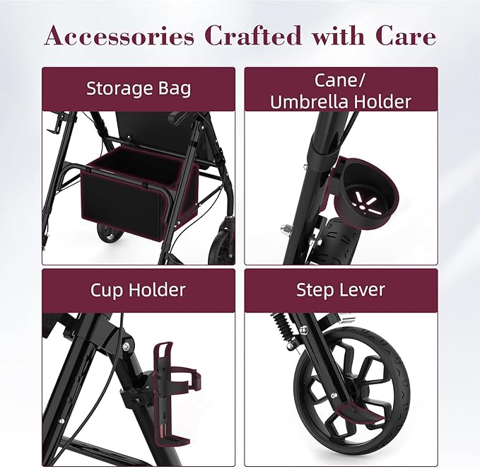 Walkers for Seniors, Foldable Rollator Walker with Seat, 8" Big Wheels, Lightweight Rollator Walker with Ergonomic Backrest, Adjustable Handles and Seat Height, 310 Lbs Weight Capacity, Black