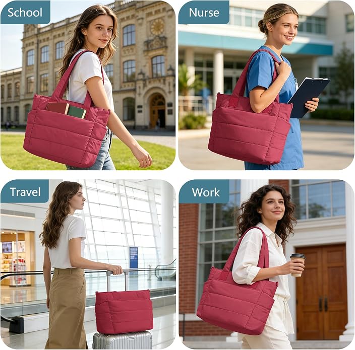 Puffer Tote Bag for Women Quilted Nurse Bag Lightweight Work Bag for Teacher Travel Handbag with Multiple Pockets