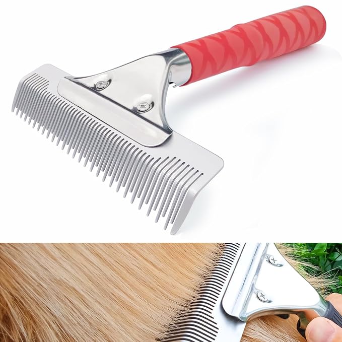 Dog Brush for Shedding, Undercoat Rake for Dogs & Cats, 6" Wide Dual Length Stainless Steel Teeth Deshedding Grooming Brush for Long & Short Haired Pets, Comfort Grip, Easy Clean - RED