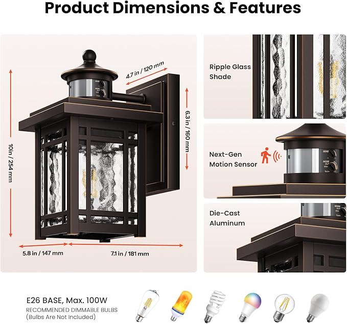 Gleamz Outdoor Porch Lights Wall Mount, Anti-Rust Updated Motion Sensor Outdoor Wall Lights, Oil Rubbed Bronze Gold Trim Exterior Lighting Fixtures,Waterproof Exterior Lighting Fixtures Dusk to Dawn