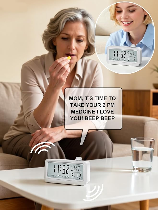 Medication Pill Reminder, Rechargeable Talking Alarm Clock with 3 Custom Voice Recording Alarms, Touch-to-Talk, a Digital Alarm Clocks Gift for Mom/Dad/Seniors/Elderly(White)