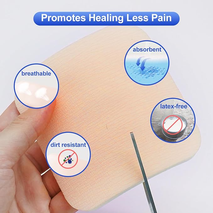 Niceful Silver Silicone Adhesive Foam Dressing Without Border, 4"×4" Ag Sterile Highly Absorbent Wound Dressing, 5 Count
