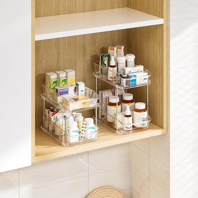 Delamu 2-Tier Under Sink Organizers and Storage, Multi-Purpose Stackable Bathroom Cabinet Organizers, Pull Out Kitchen Pantry Organization and Storage with Dividers(3 Pack, Clear)