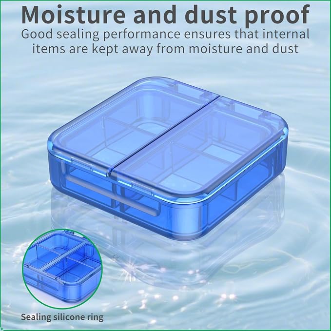Small Pill Box,4 Compartments Travel Pill Case, Portable Pill Organizer,Mini Pill Container for Pocket,Daily Compact Travel Medicine Holder for Vitamins Fish Oil and Supplement Storage(Blue+Black)