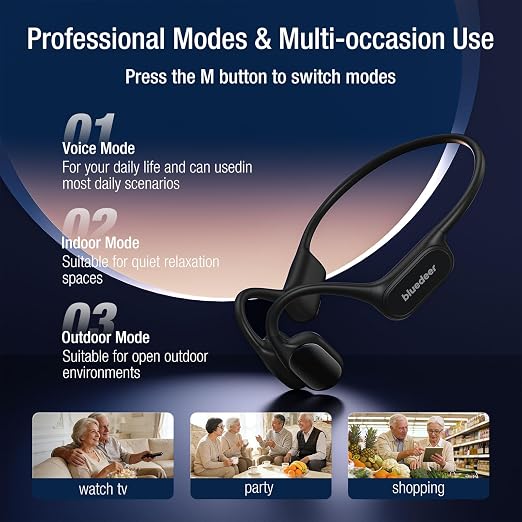 Blue Deer Bone Conduction Personal Sound Hearing Amplifier & Headphones for Seniors Adults - Bluetooth (BT) 5.3, Ultra Lightweight, Easy to Operation, 5-Level Memory Volume, IPX5 Water-resistant-Black