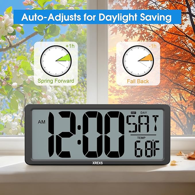 XREXS Large Digital Wall Clock, Battery Operated Alarm Clocks for Bedroom Home Decor, Count Up & Down Timer, 14.17 Inch Large LCD Screen with Time/Calendar/Temperature Display (Batteries Included)